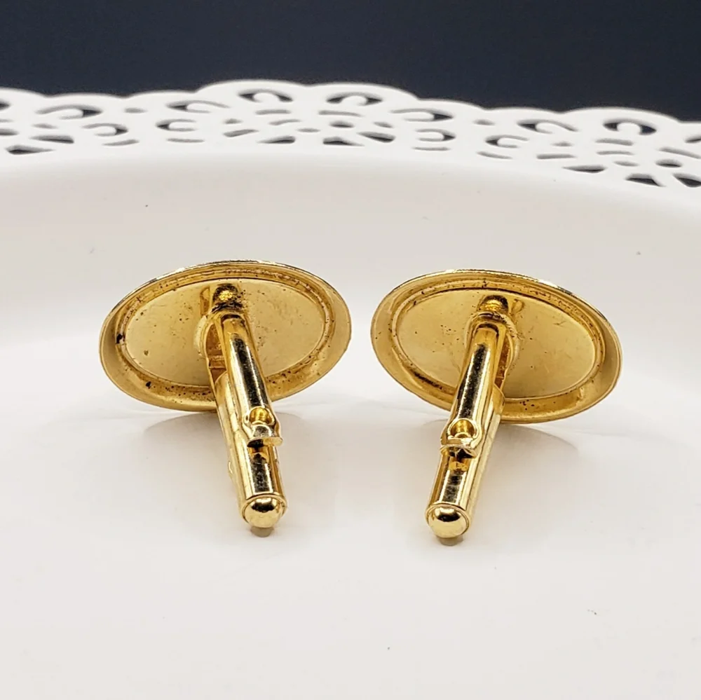 Vintage 80s Mens Black Stone On Gold Cuff Links
